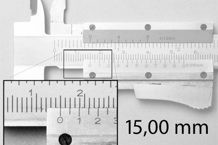 Nonius an einem Messschieber mit einem Mass von 15,0 mm eingestellt